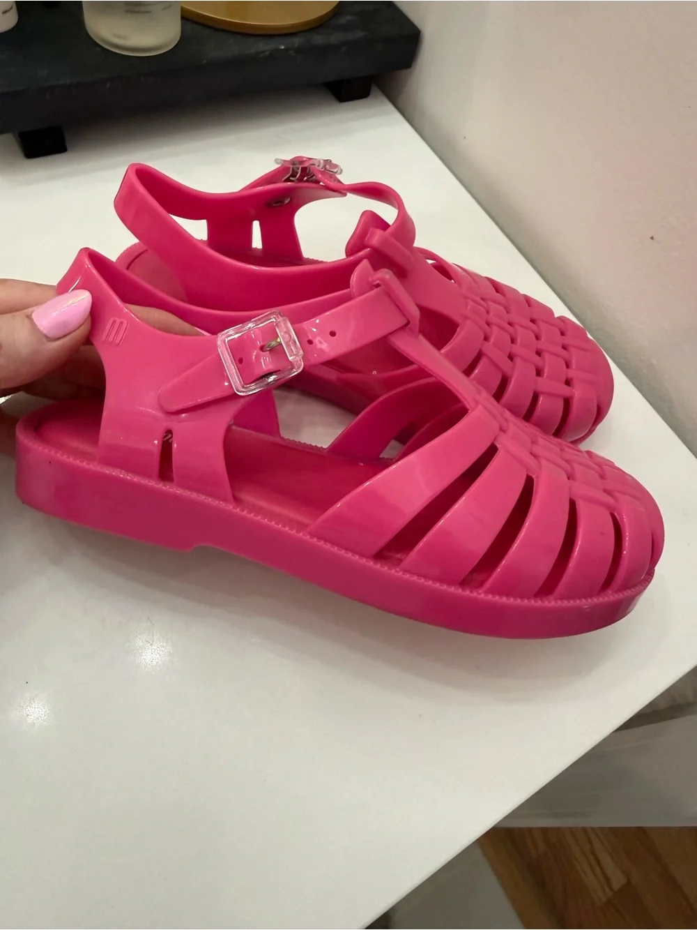 Mini Melissa Bright Pink Woven Jelly Sandals